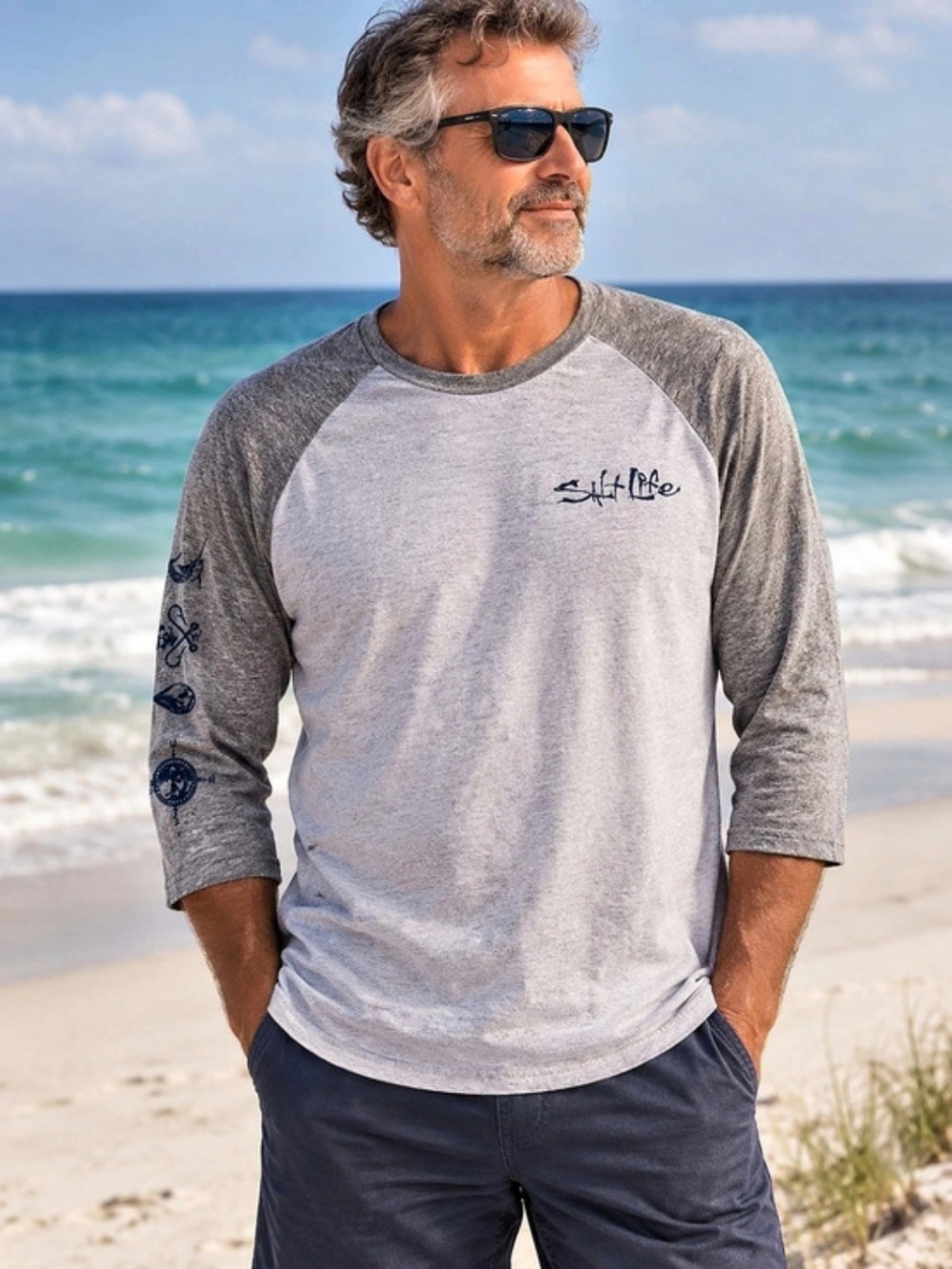 Salt Life Skull and Hooks Raglan Sleeve Graphic Tee Graphic Tee Gray & Black XL